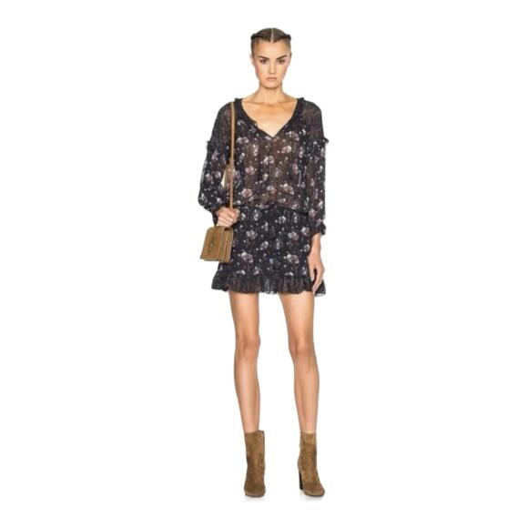 Ulla Johnson Dakota Silk Drawstring Waist Long Sleeve Floral Navy Dress Size 0 - Picture 1 of 16